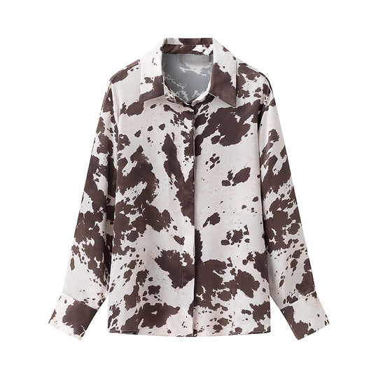 Damen Oversize-Hemdbluse mit Kuhflecken-Print, verdeckter Knopfleiste und weitem Schnitt Shop Nory