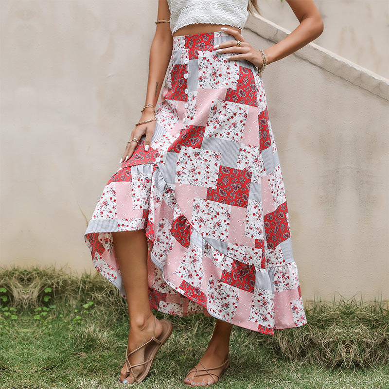 Damen Patchwork-Midirock mit Knopfleiste und asymmetrischem Volant Shop Nory