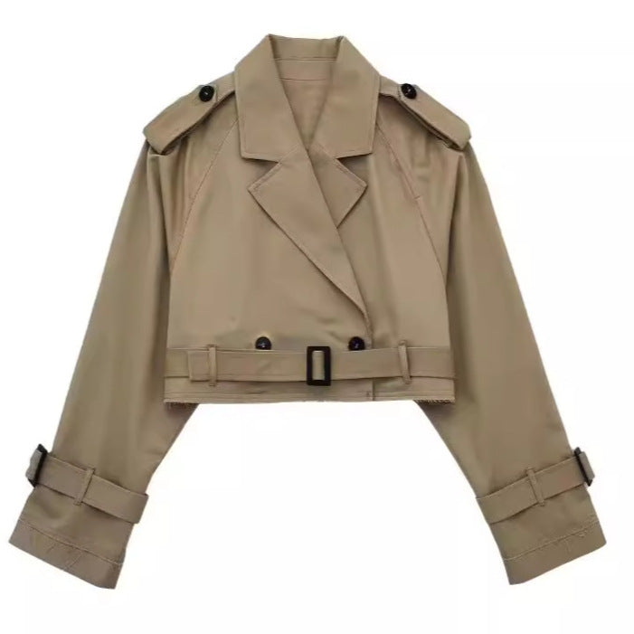 Damen Gekürzte Trenchjacke mit Taillengürtel, Schulterklappen und verstellbaren Ärmelriemen Shop Nory