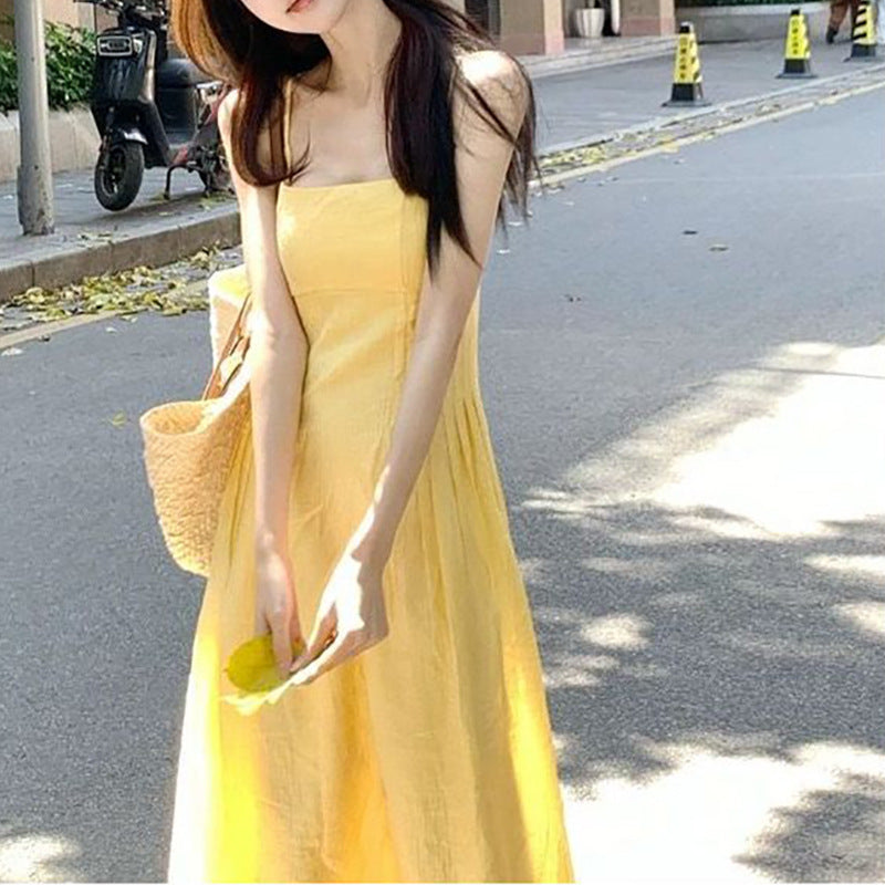 Damen Langarm-Midi-Kleid mit schmalem Spaghettiträger und tailliertem Schnitt