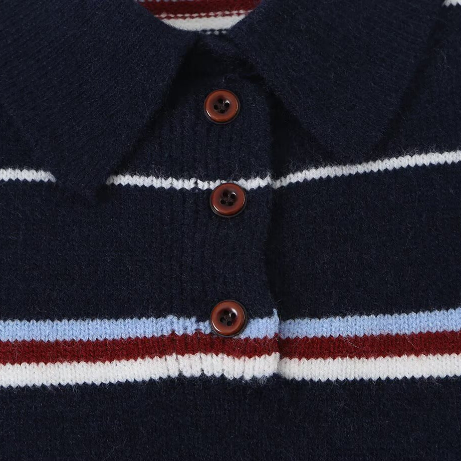 Damen Gestreifter Strickpolopullover mit kurzer Knopfleiste und Rippbündchen Shop Nory
