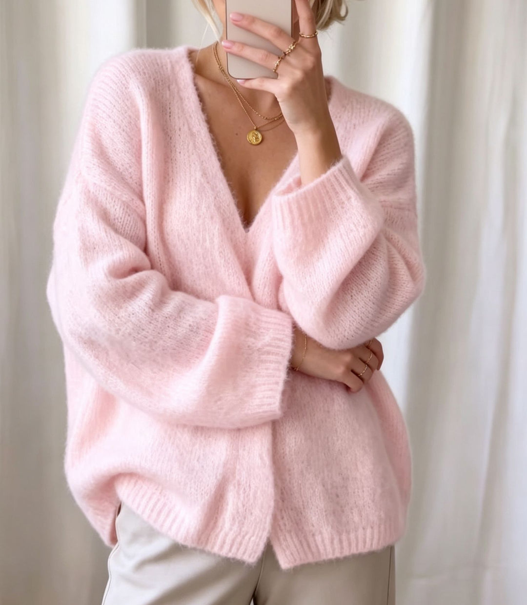 Damen Offener Fluffy-Feinstrick-Cardigan mit tiefem V‑Ausschnitt und legerer Oversize‑Silhouette Shop Nory