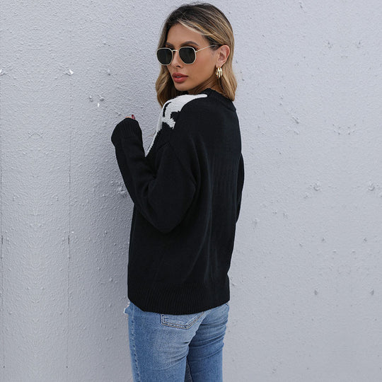 Damen Feinstrickpullover mit kontrastiver Leo‑Jacquard‑Passe und legerer Silhouette Shop Nory