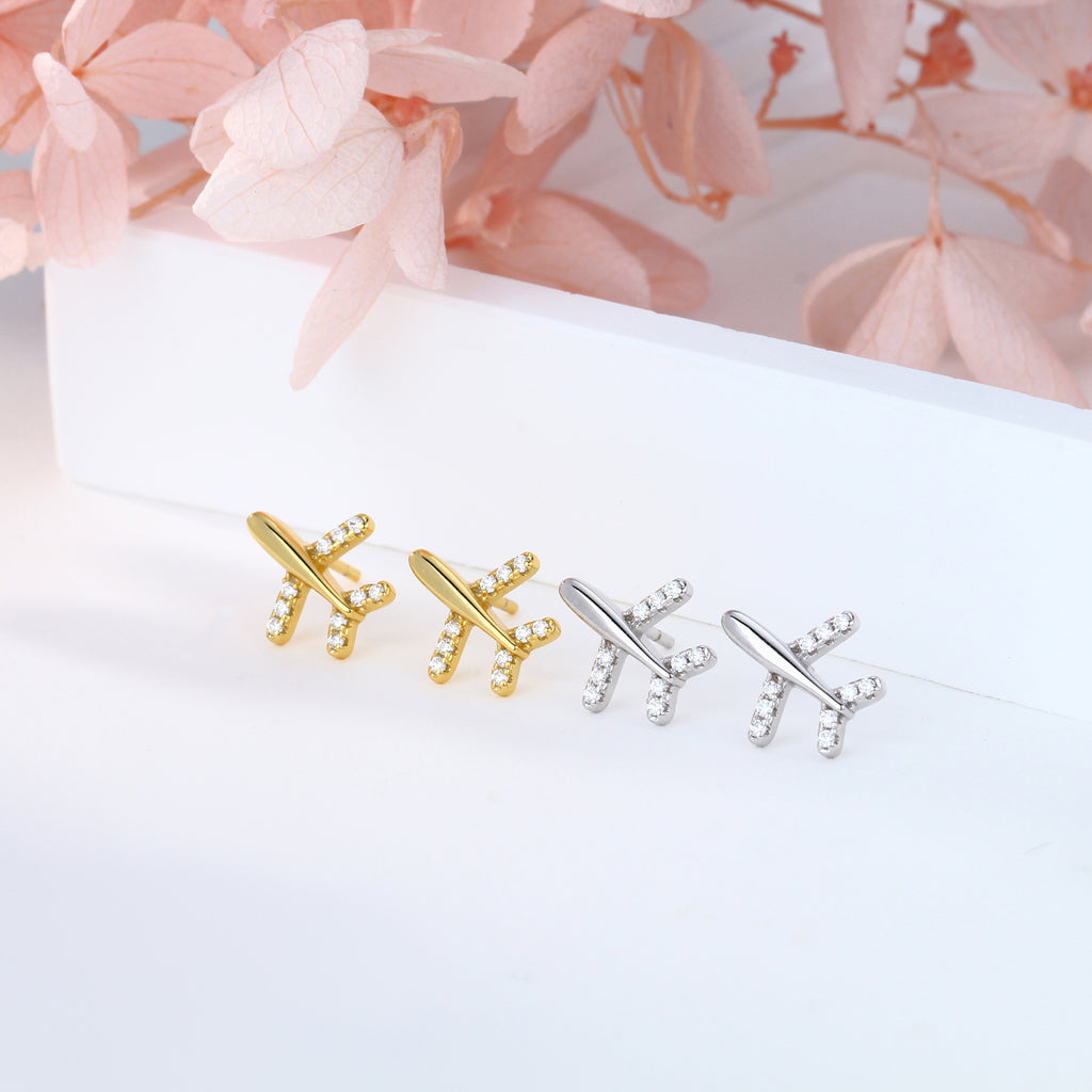 Damen Ohrstecker im modernen Flugzeug-Design mit funkelnden Strasssteinen Shop Nory