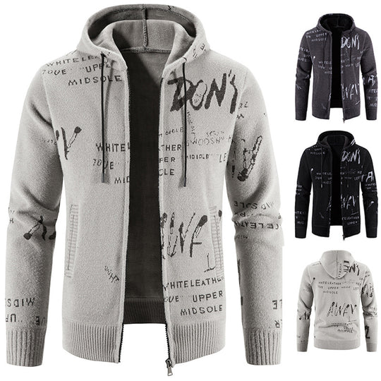 Herren Strick-Kapuzenjacke mit durchgehendem Reißverschluss, grafischem Allover-Print und Eingrifftaschen Shop Nory