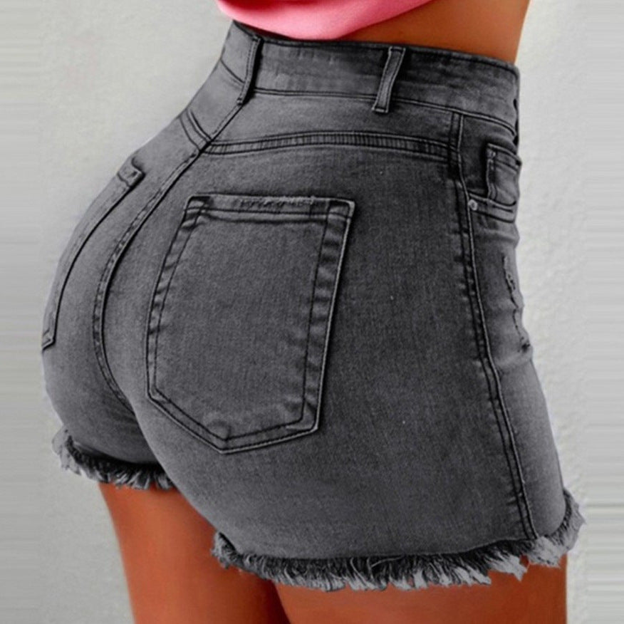 Damen hoch taillierte Denim-Shorts mit fransigem Saum