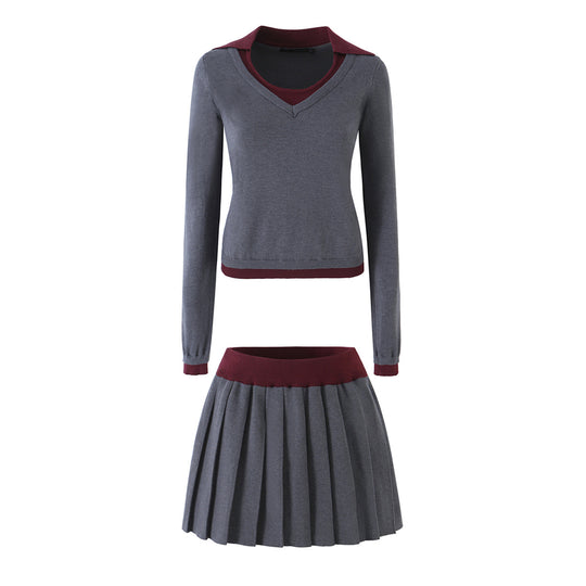 Damen Zweiteiliges Feinstrick-Set mit V-Ausschnitt, kontrastierendem Kragen und plissiertem Minirock Shop Nory