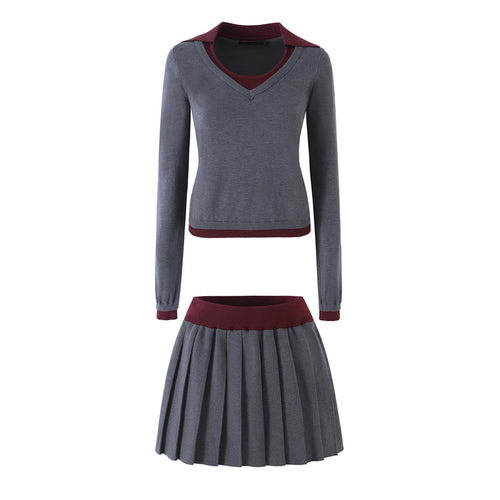 Damen Zweiteiliges Feinstrick-Set mit V-Ausschnitt, kontrastierendem Kragen und plissiertem Minirock Shop Nory
