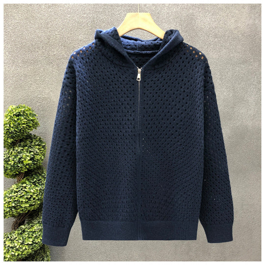 Unisex Leichte Lochstrick-Kapuzenzipjacke mit Ajourmuster Shop Nory