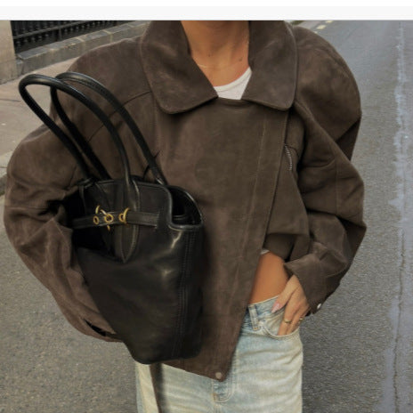 Damen Kurzjacke im Bikerstil aus Velourslederoptik mit Taillengürtel Shop Nory