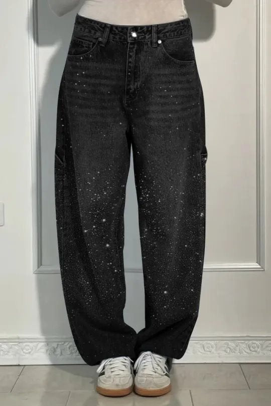Damen High-Waist Jeans im weiten Cargo-Schnitt mit funkelndem Strassbesatz Shop Nory