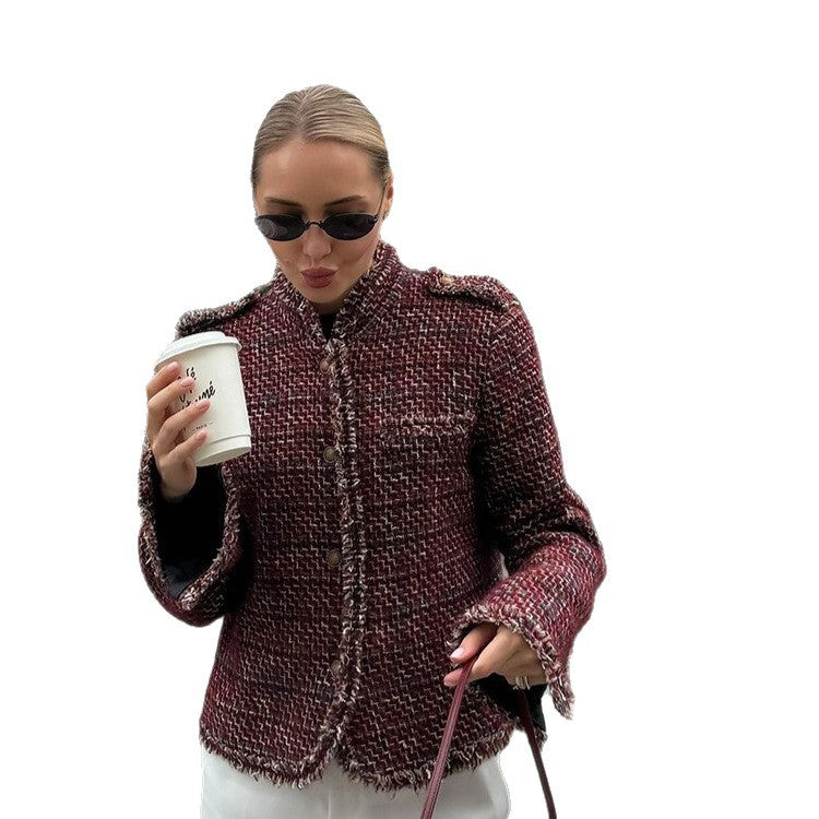 Damen Kurze Bouclé-Tweed-Jacke mit Fransenbesatz und Zierknöpfen Shop Nory