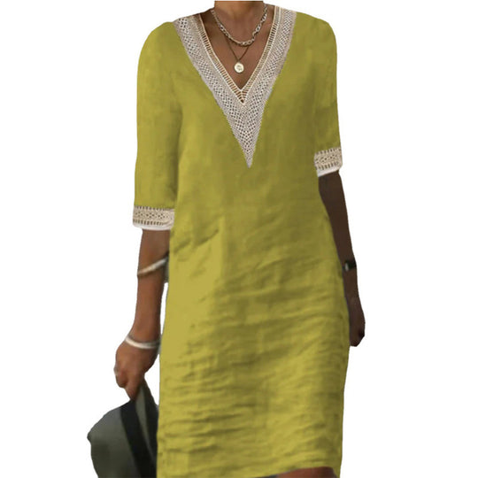 Damen Leichtes Leinen-Midikleid mit V-Ausschnitt und Häkelspitzenbesatz Shop Nory