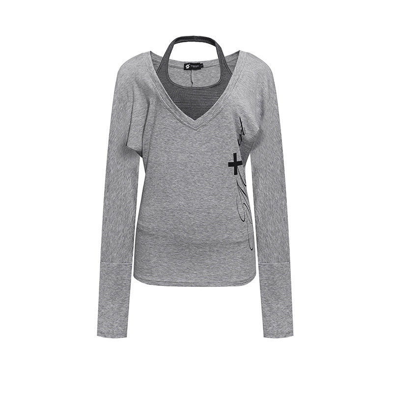 Damen Lagen-Langarmshirt mit tiefem V-Ausschnitt, Neckholder-Innenlayer und seitlichem Script-Print Shop Nory