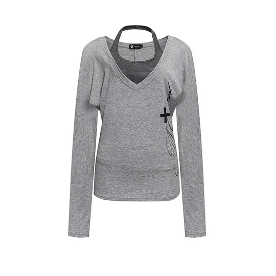 Damen Lagen-Langarmshirt mit tiefem V-Ausschnitt, Neckholder-Innenlayer und seitlichem Script-Print Shop Nory