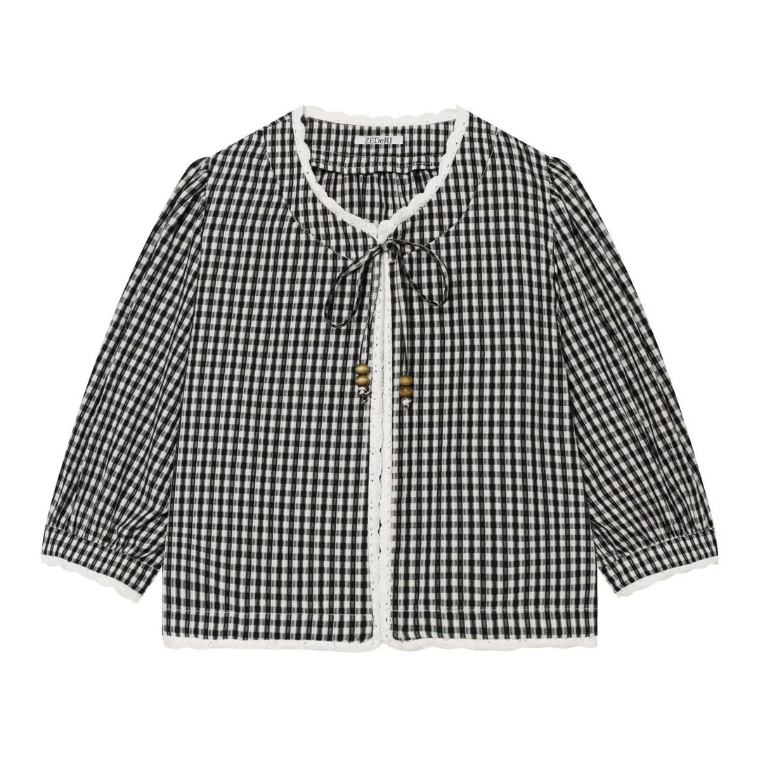 Damen Vichykaro-Bluse mit Häkelbesatz, Bindeband und dreiviertel Ballonärmeln Shop Nory