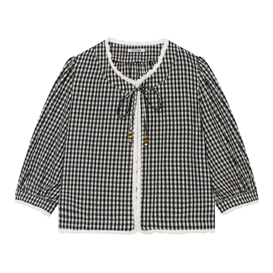 Damen Vichykaro-Bluse mit Häkelbesatz, Bindeband und dreiviertel Ballonärmeln Shop Nory
