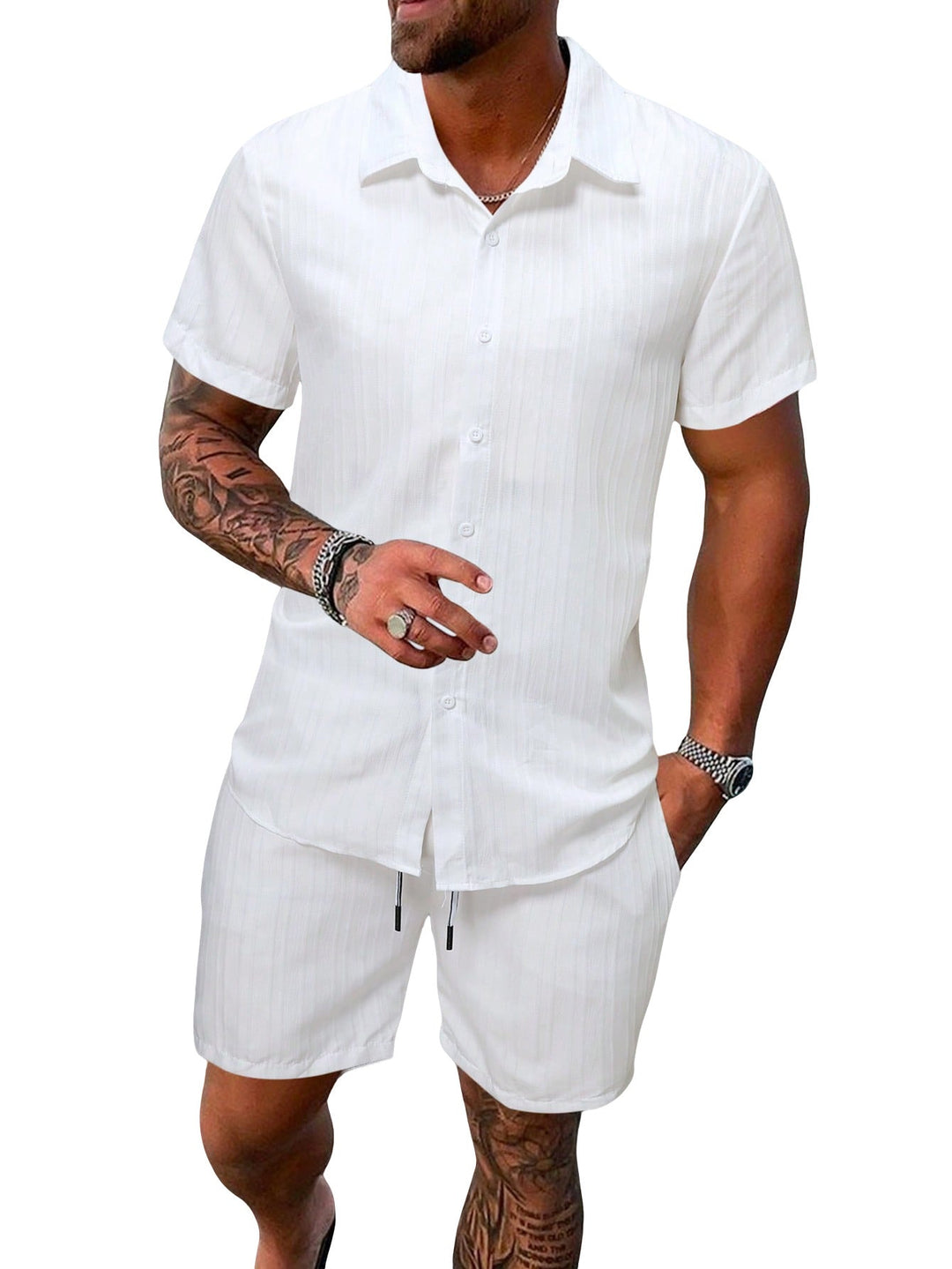Herren nan luftiges Kurzarm-Hemd mit offenem Revers und passender Freizeishorts aus strukturierter Baumwollmischung Shopnory