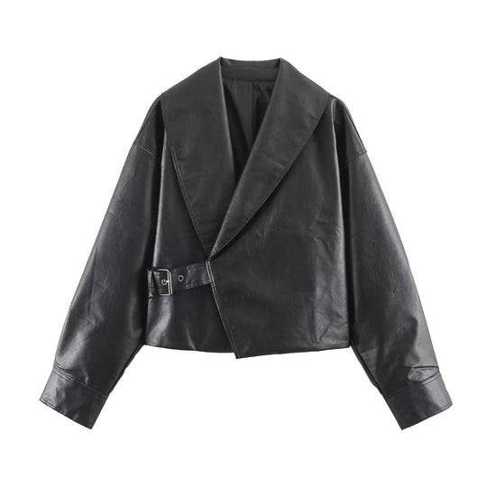 Damen Kurze Oversize-Lederoptikjacke mit weitem Schalkragen und Gürtel Shop Nory