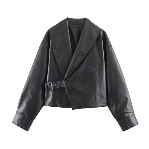 Damen Kurze Oversize-Lederoptikjacke mit weitem Schalkragen und Gürtel Shop Nory