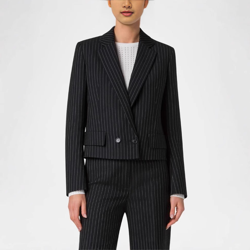 Damen Zweiteiliges Nadelstreifen‑Hosenanzug mit tailliertem Kurzblazer und weitem Palazzohosenbein Shop Nory