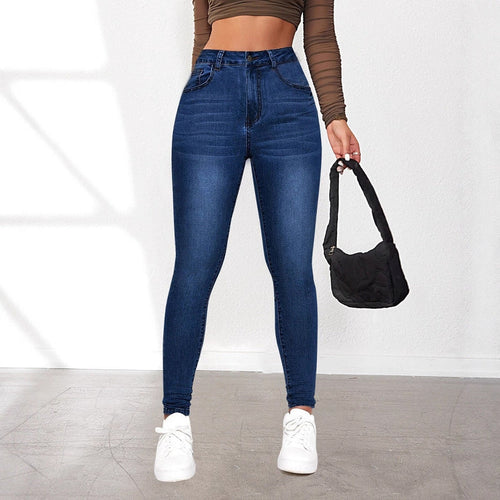 Damen High-Waist Skinny Jeans mit angedeuteten Taschen und elastischem Bund