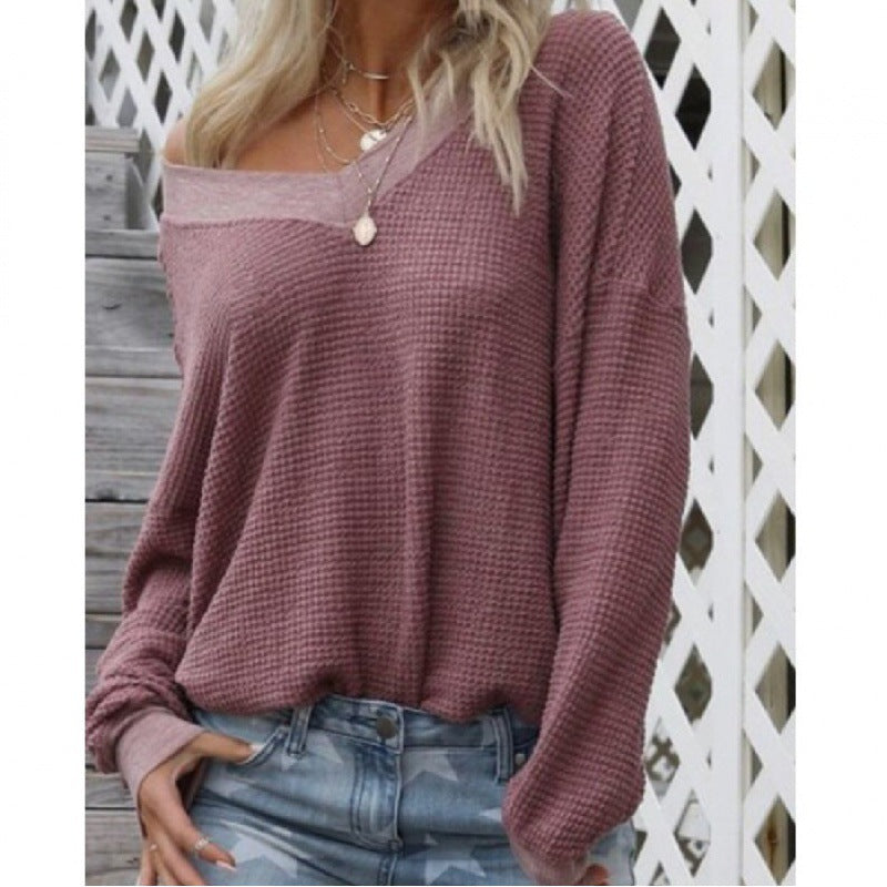 Damen Off‑Shoulder Waffelstrickpullover mit weitem Arm und elastischen Bündchen Shop Nory