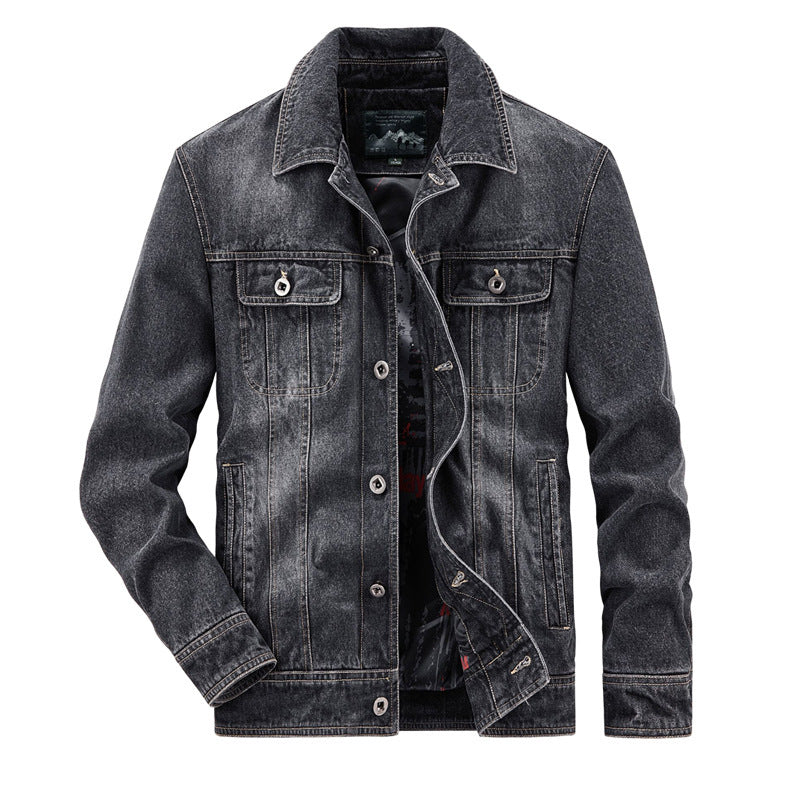 Herren gewaschene Denim-Workerjacke mit bedrucktem Innenfutter und Brustpattentaschen Shop Nory