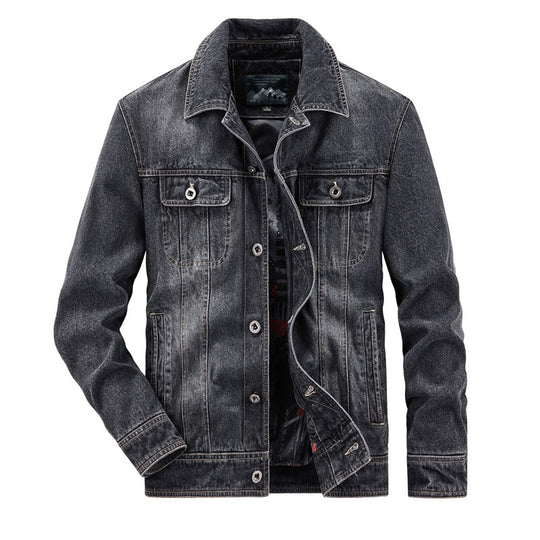Herren gewaschene Denim-Workerjacke mit bedrucktem Innenfutter und Brustpattentaschen Shop Nory