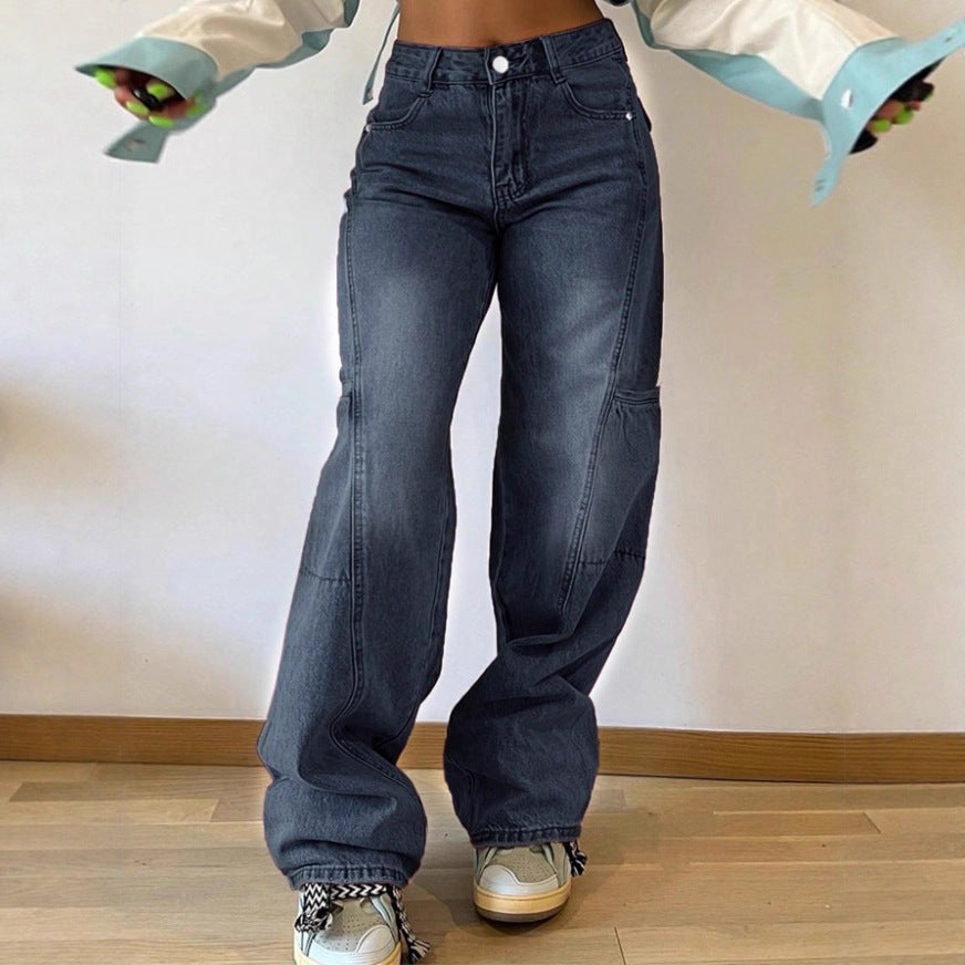 Damen High-Waist weite Cargo-Denimhose mit Nahtpaneelen und Baggy-Silhouette Shop Nory