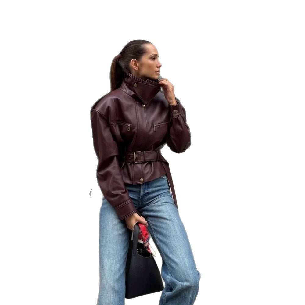 Damen taillierte Lederimitat-Bomberjacke mit hohem Stehkragen und Bindegürtel Shop Nory