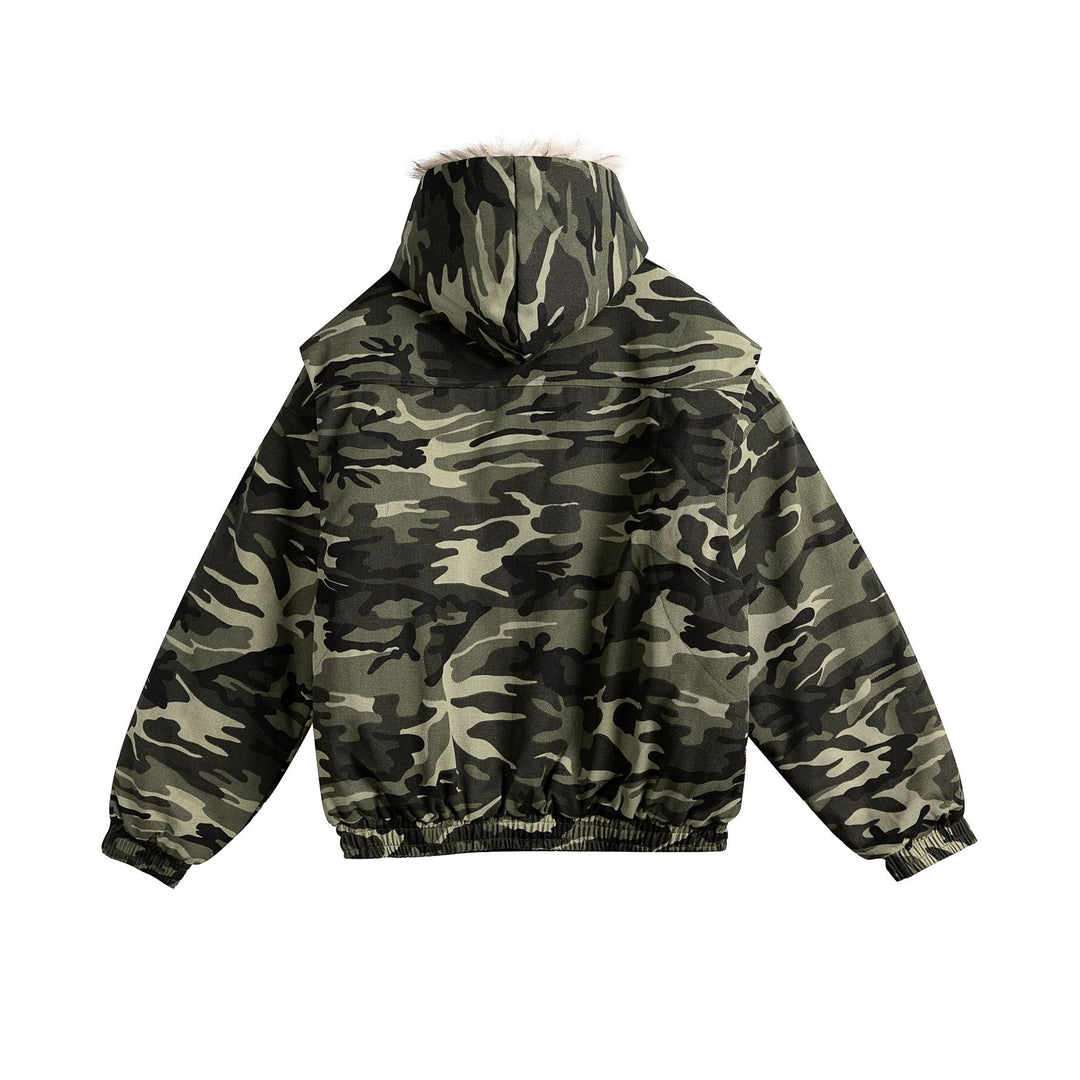 Damen Kurz geschnittene Camouflage-Übergangsjacke mit Kunstfellkapuze und elastischem Saum Shop Nory