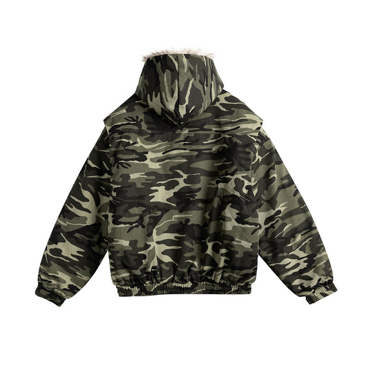 Damen Kurz geschnittene Camouflage-Übergangsjacke mit Kunstfellkapuze und elastischem Saum Shop Nory
