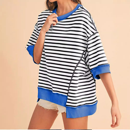 Damen Oversize Streifen-Sweatshirt mit kontrastfarbenen Bündchen Shop Nory