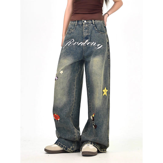 Damen Weitgeschnittene Kostümjeans mit buntem Stickdesign Shop Nory