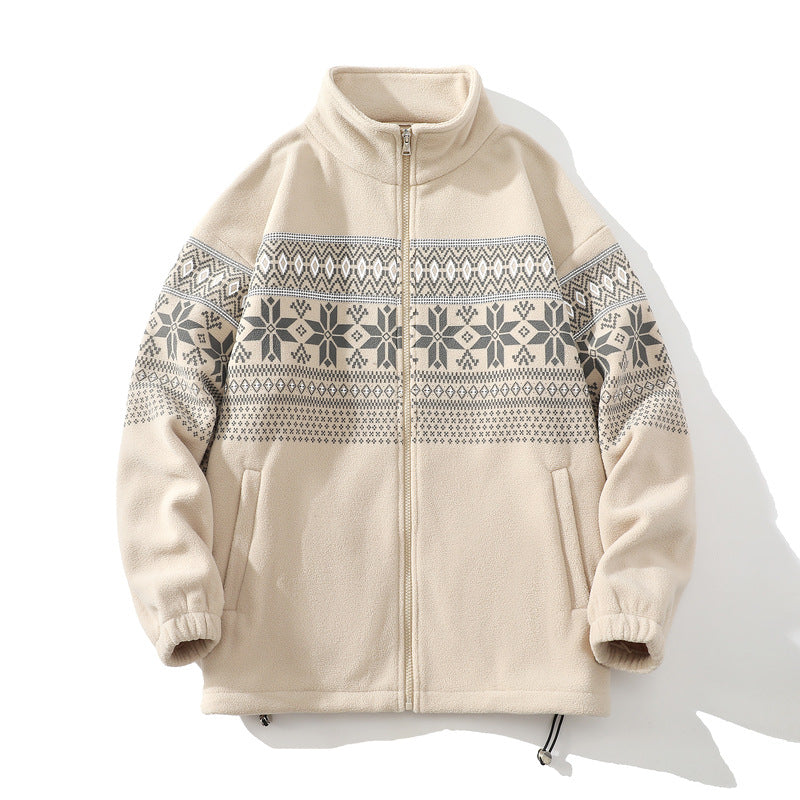 Unisex Norwegermuster-Fleecejacke mit Stehkragen, durchgehendem Reißverschluss und Kordelzug Shop Nory