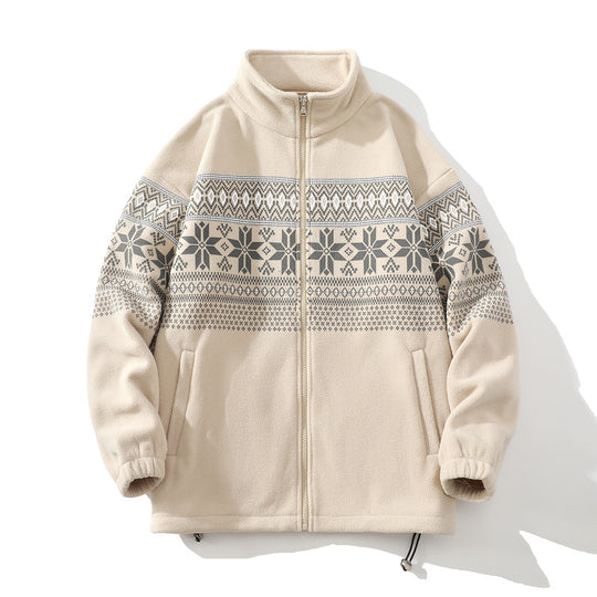 Unisex Norwegermuster-Fleecejacke mit Stehkragen, durchgehendem Reißverschluss und Kordelzug Shop Nory