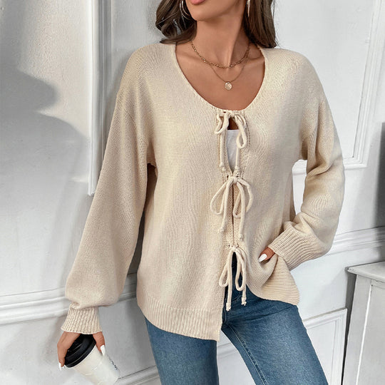 Damen Lässiger Strickpullover mit dreifacher Schnürfront, Rundhalsausschnitt und Oversize-Silhouette Shop Nory