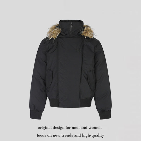 Damen wattierte kurze Bomberjacke mit abnehmbarer Kunstfellkapuze, hohem Stehkragen und Rippbündchen Shop Nory