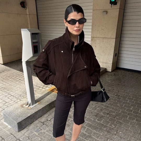 Damen Kurze Veloursleder-Bomberjacke mit hohem Stehkragen und Taillengürtel Shop Nory