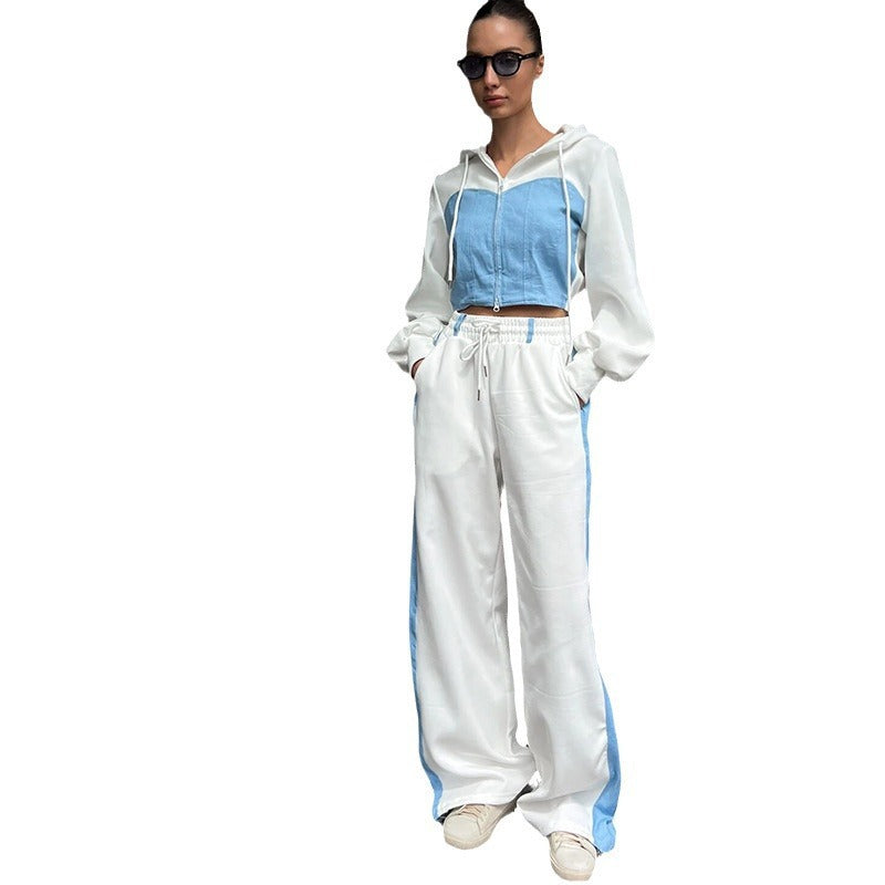 Damen zweifarbiger Cropped-Zip-Hoodie mit Tunnelzug und weiter High-Waist Palazzo-Jogginghose Shop Nory