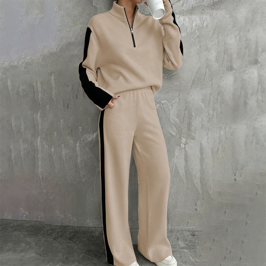 Damen Zweiteiliges Lounge‑Set mit Halbreißverschluss, Kontraststreifen und weitem Palazzo‑Schnitt Shop Nory