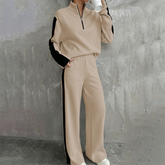 Damen Zweiteiliges Lounge‑Set mit Halbreißverschluss, Kontraststreifen und weitem Palazzo‑Schnitt Shop Nory