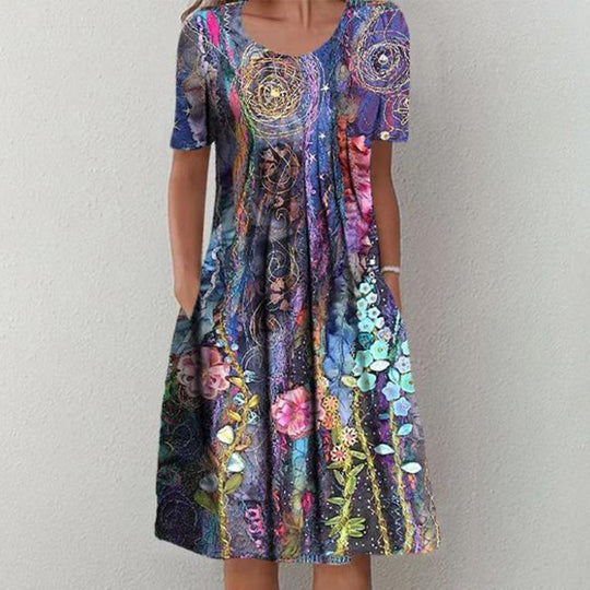 Frauen Mehrfarbige A-Linien Midi Kleid mit Taschen und Abstraktem Blumenmuster Shop Nory