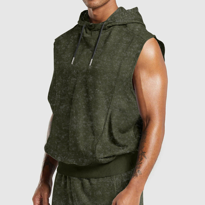 Herren nan ärmelloser Kapuzenpullover in Steinwasch-Optik mit tiefem Armausschnitt und geripptem Bund Shopnory