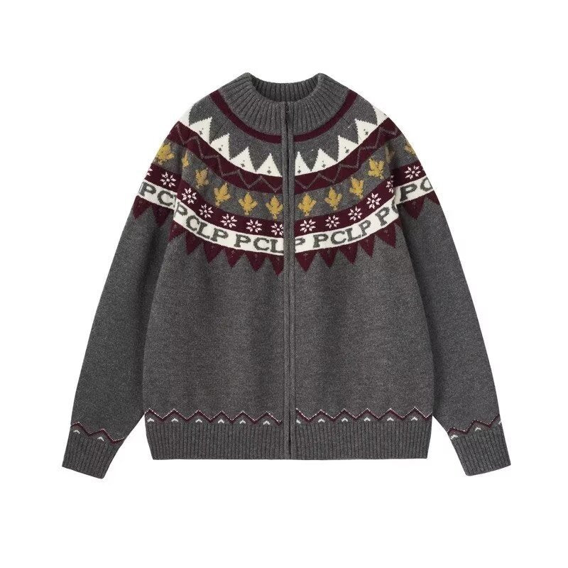 Damen Lässige Strick-Zipjacke mit Jacquard-Yoke und Rippbündchen Shop Nory
