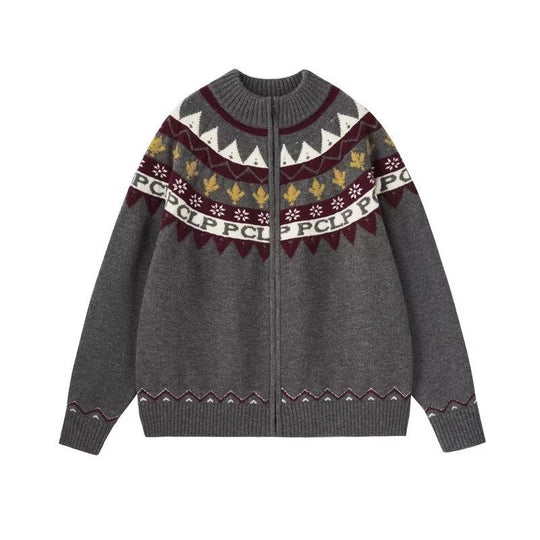 Damen Lässige Strick-Zipjacke mit Jacquard-Yoke und Rippbündchen Shop Nory