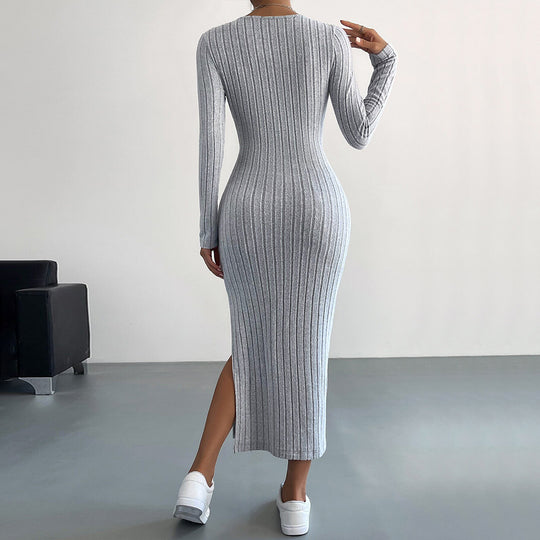 Damen figurbetontes Rippenstrick-Midikleid mit schmaler Silhouette, Rundhalsausschnitt und seitlichem Oberschenkelschlitz Shop Nory