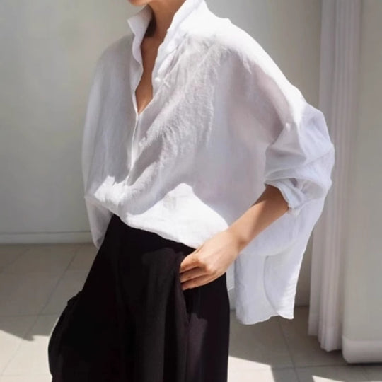 Damen Oversize-Leinenbluse mit geraffter Rückenpasse und krempelbaren Ärmeln Shop Nory