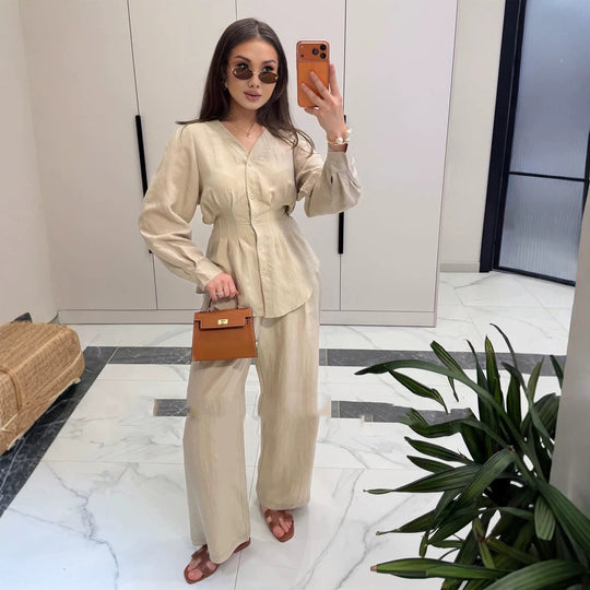Damen V-Ausschnitt Blusen- und Culotte-Set mit Taillenfalten und weiten Beinen Shop Nory